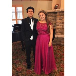 Ruby pink beaded Sherri Hill prom dress